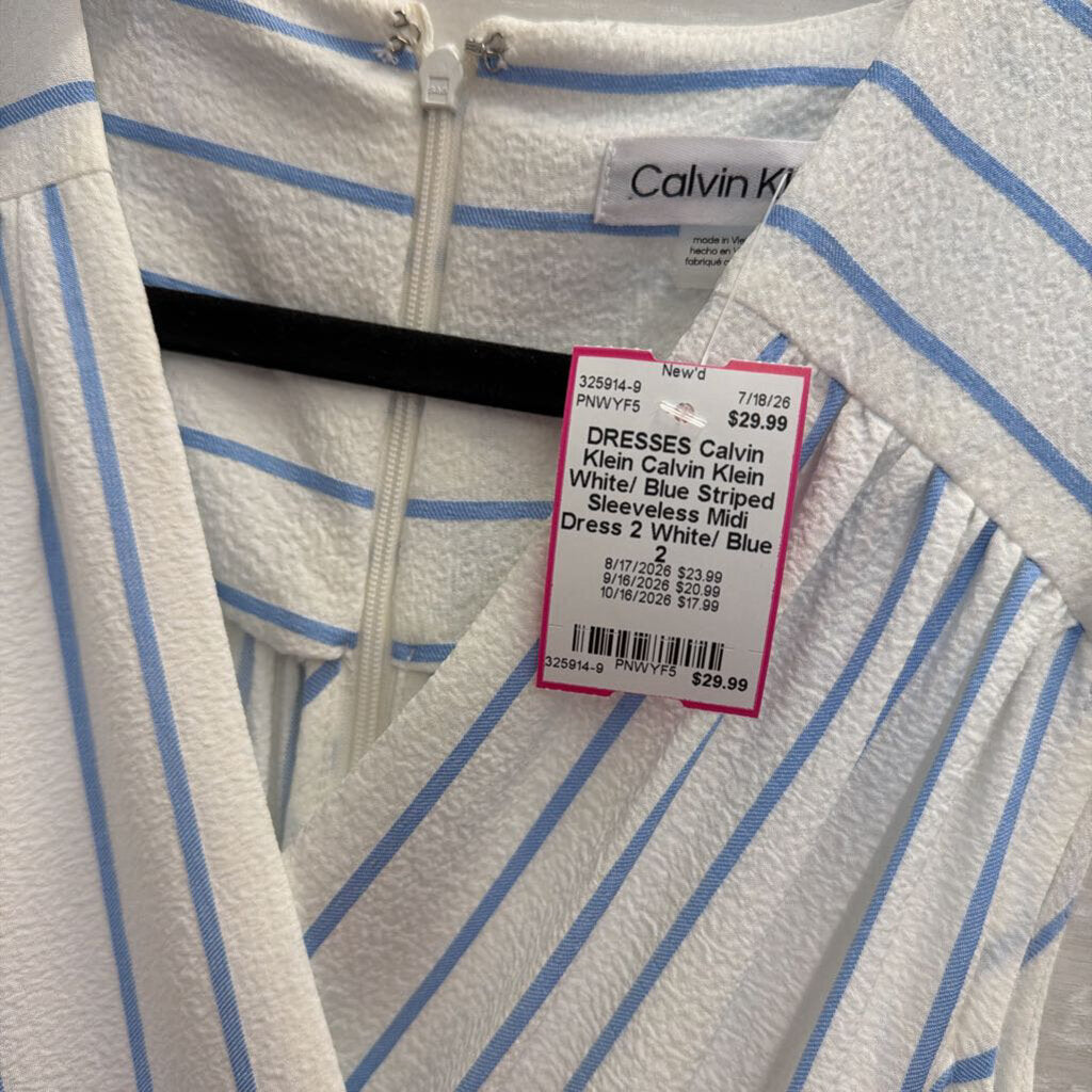 Calvin Klein White/ Blue Striped Sleeveless Midi Dress 2