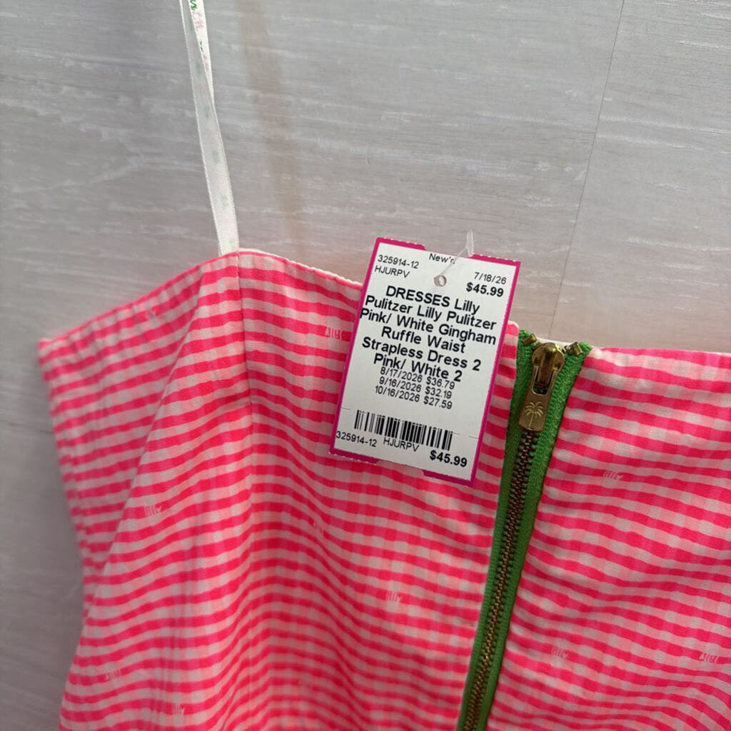 Lilly Pulitzer Pink/ White Gingham Ruffle Waist Strapless Dress 2
