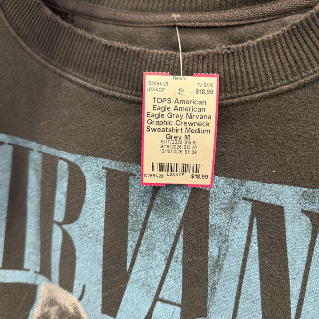 American Eagle Grey Nirvana Graphic Crewneck Sweatshirt Medium