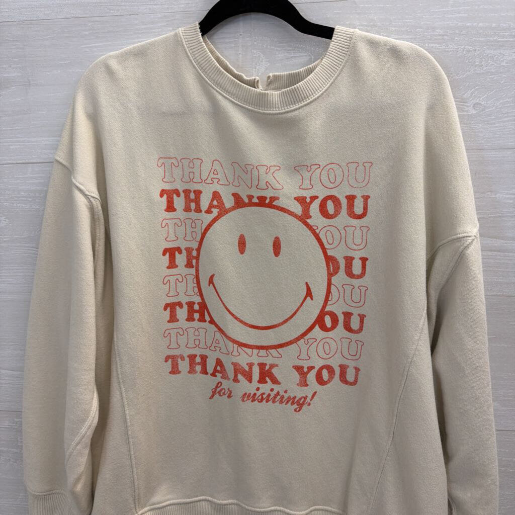 Aerie Beige/ Red Thank You Smiley Crewneck Sweatshirt Small