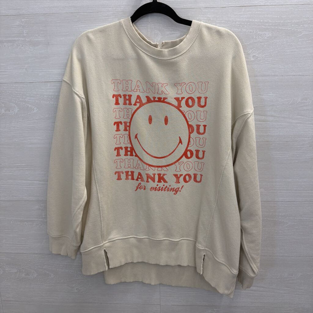 Aerie Beige/ Red Thank You Smiley Crewneck Sweatshirt Small