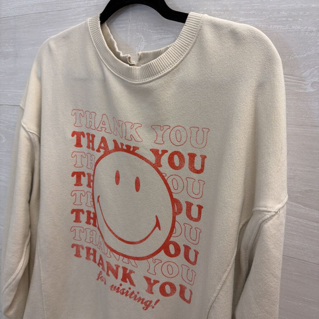 Aerie Beige/ Red Thank You Smiley Crewneck Sweatshirt Small
