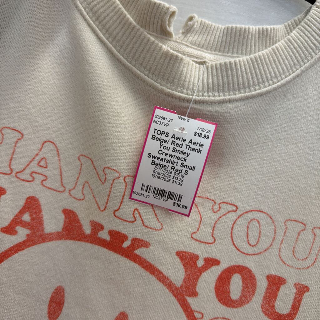 Aerie Beige/ Red Thank You Smiley Crewneck Sweatshirt Small