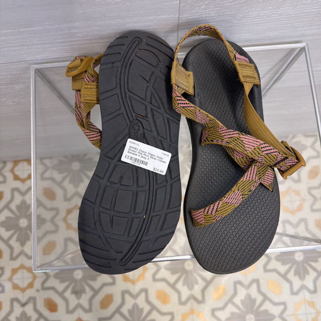 Chaco Grey/ Green/ Pink Print Strap Classic Sandals 9