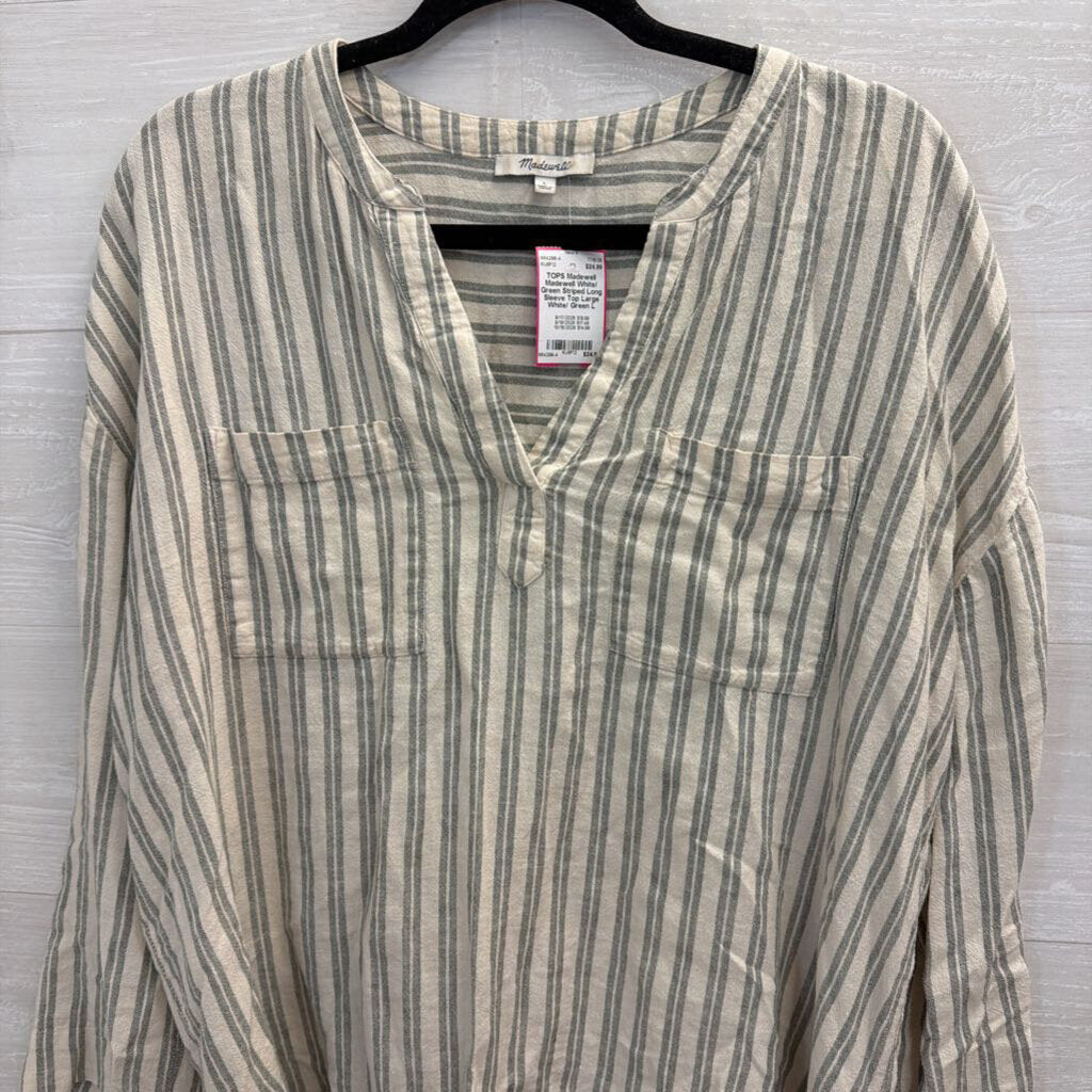 Madewell White/ Green Striped Long Sleeve Top Large