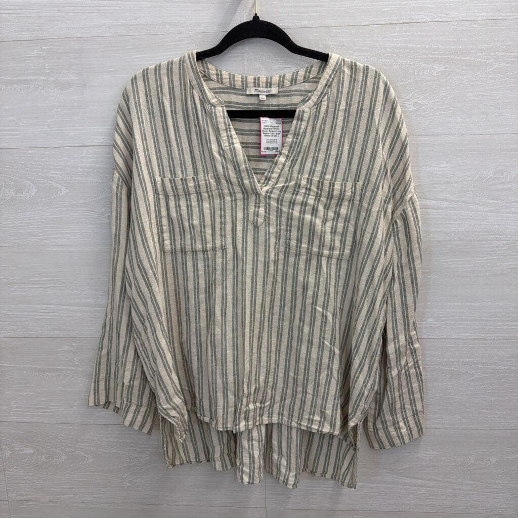 Madewell White/ Green Striped Long Sleeve Top Large