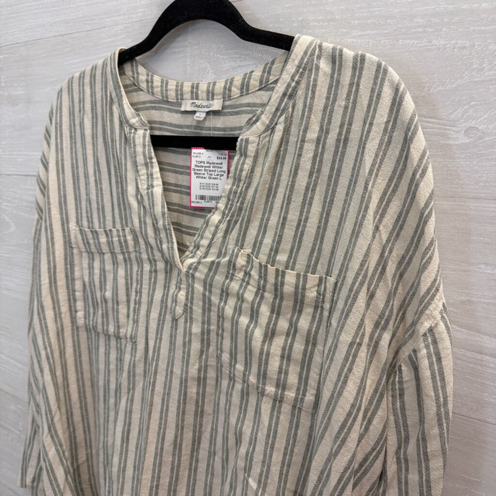 Madewell White/ Green Striped Long Sleeve Top Large