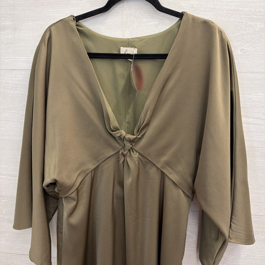 Lena Olive Green Silky Long Sleeve Cut Out Front Dress Large