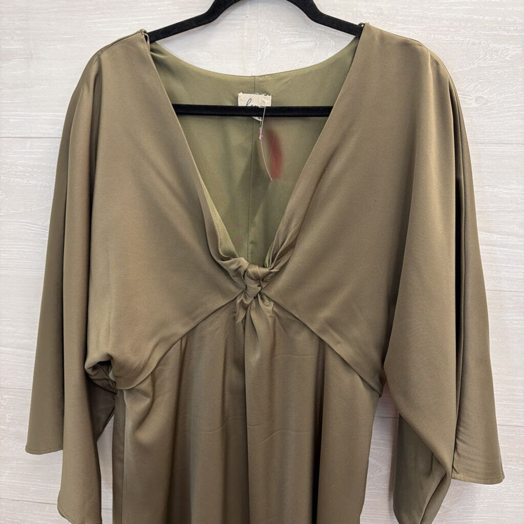 Lena Olive Green Silky Long Sleeve Cut Out Front Dress Large