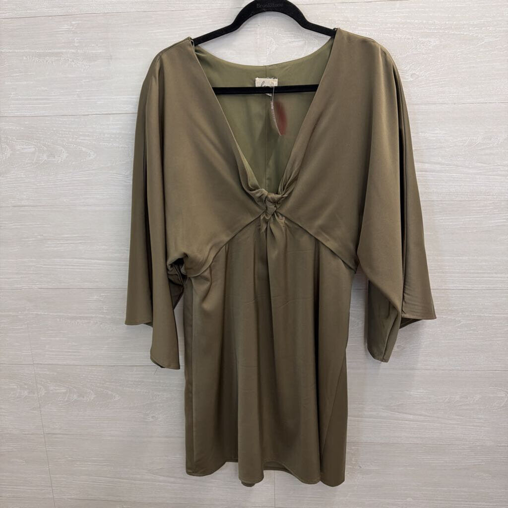 Lena Olive Green Silky Long Sleeve Cut Out Front Dress Large