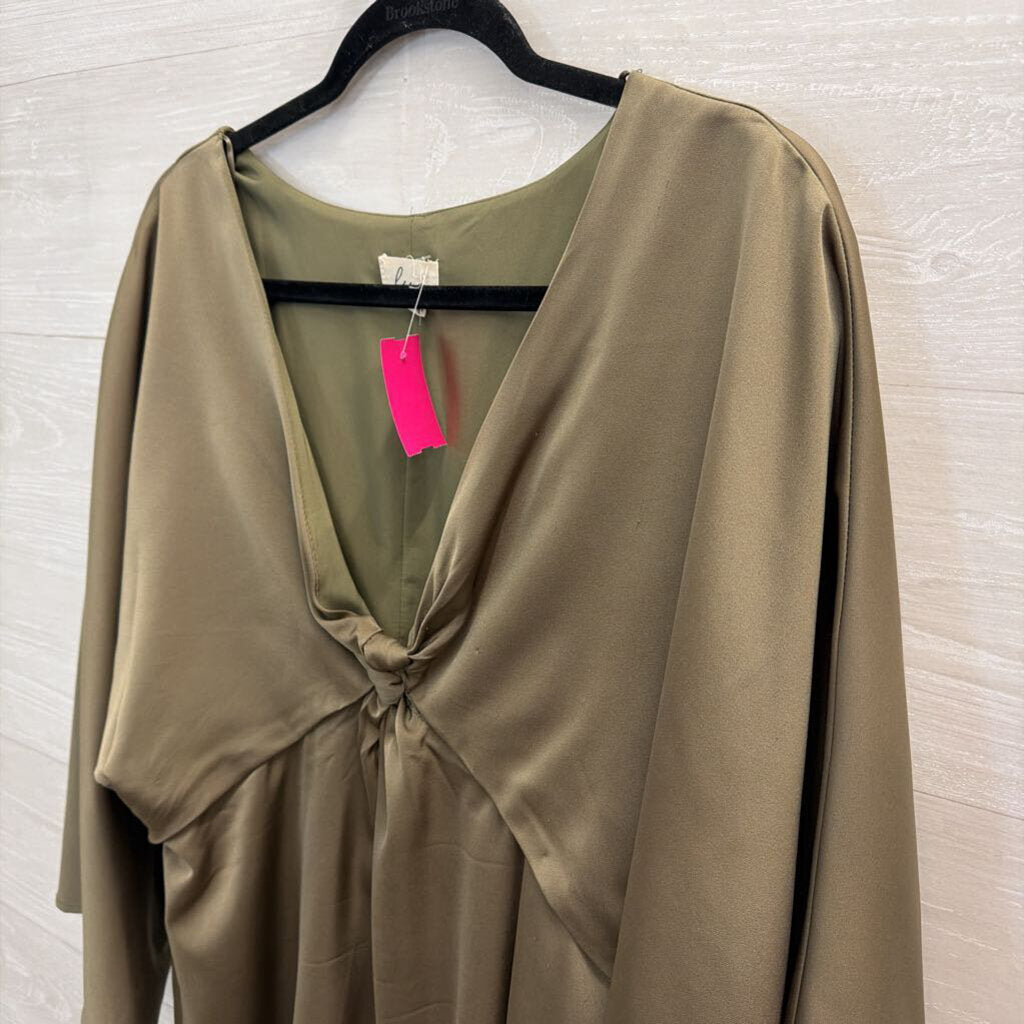 Lena Olive Green Silky Long Sleeve Cut Out Front Dress Large