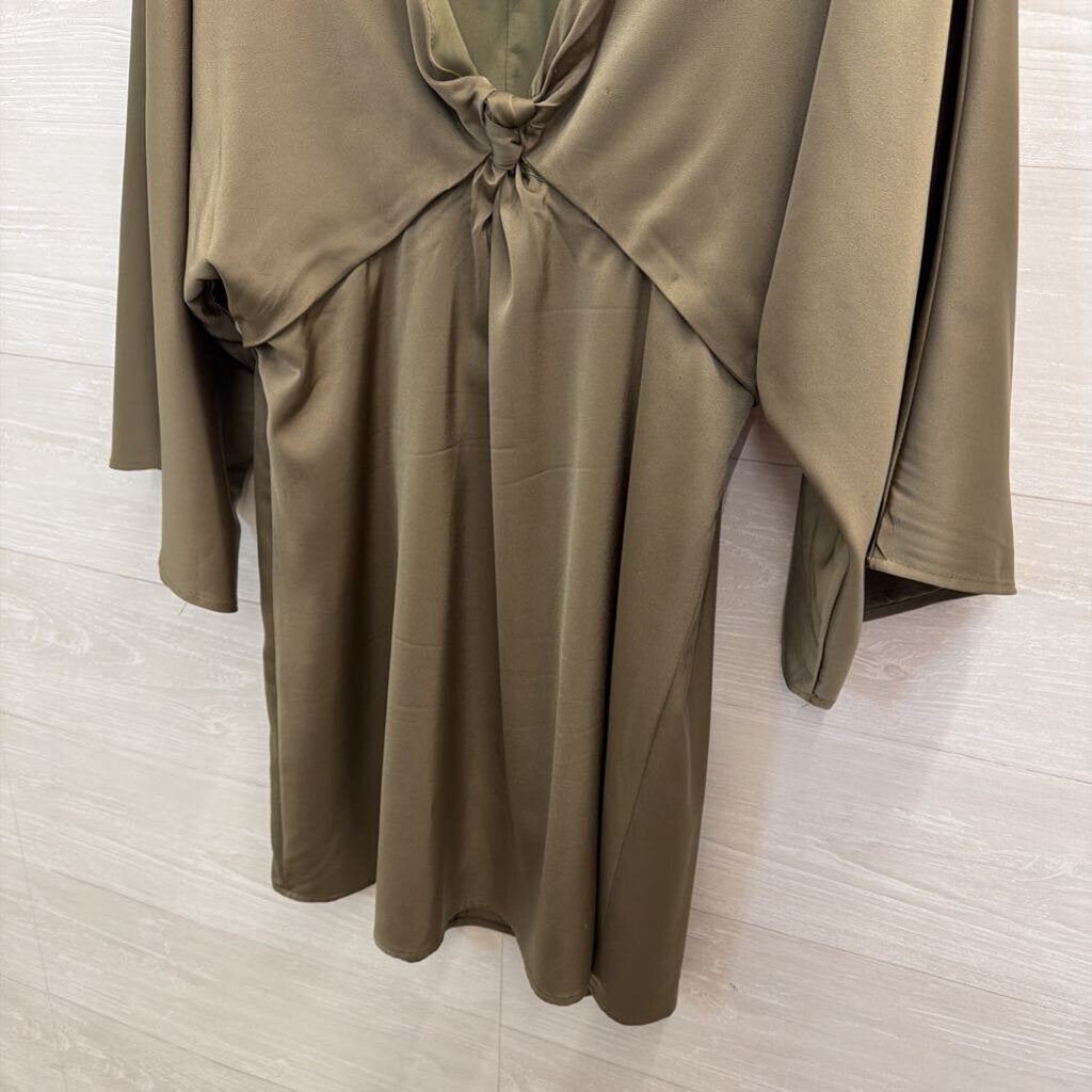 Lena Olive Green Silky Long Sleeve Cut Out Front Dress Large