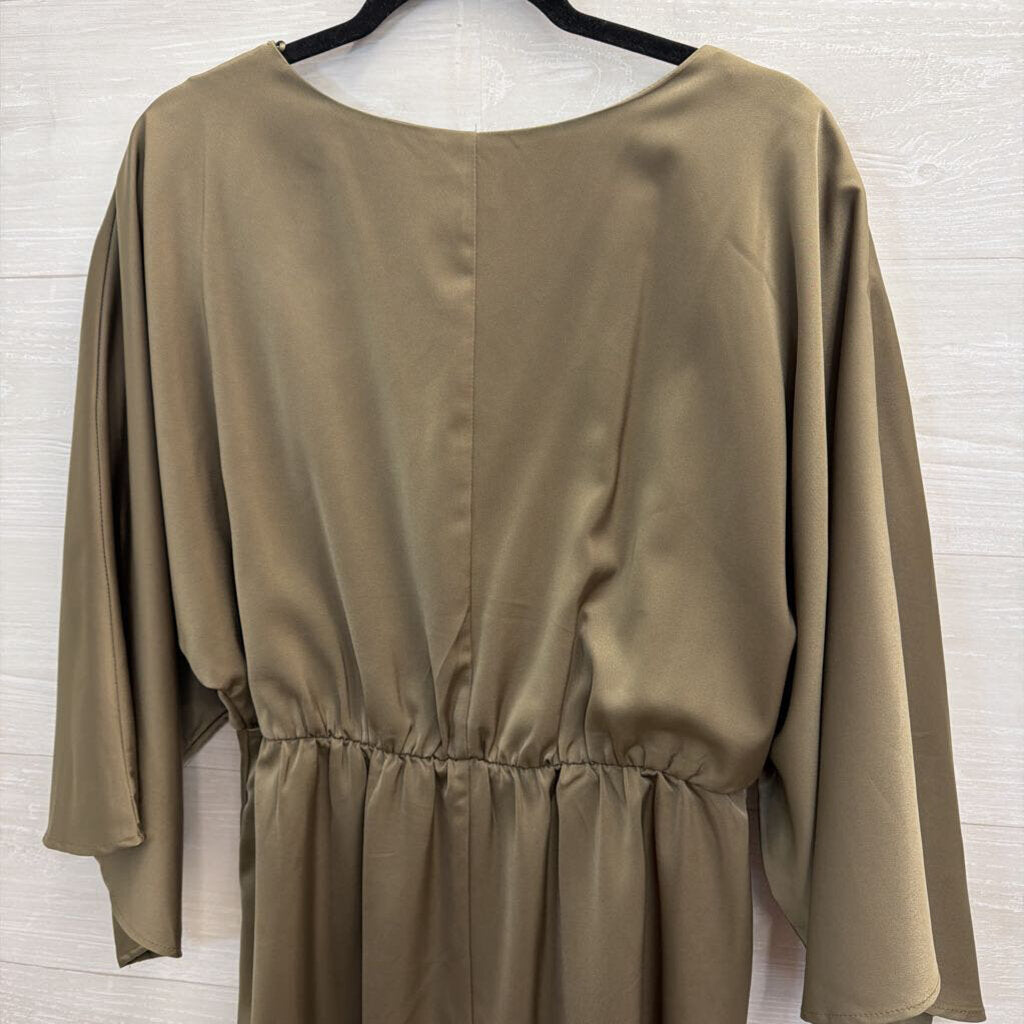Lena Olive Green Silky Long Sleeve Cut Out Front Dress Large
