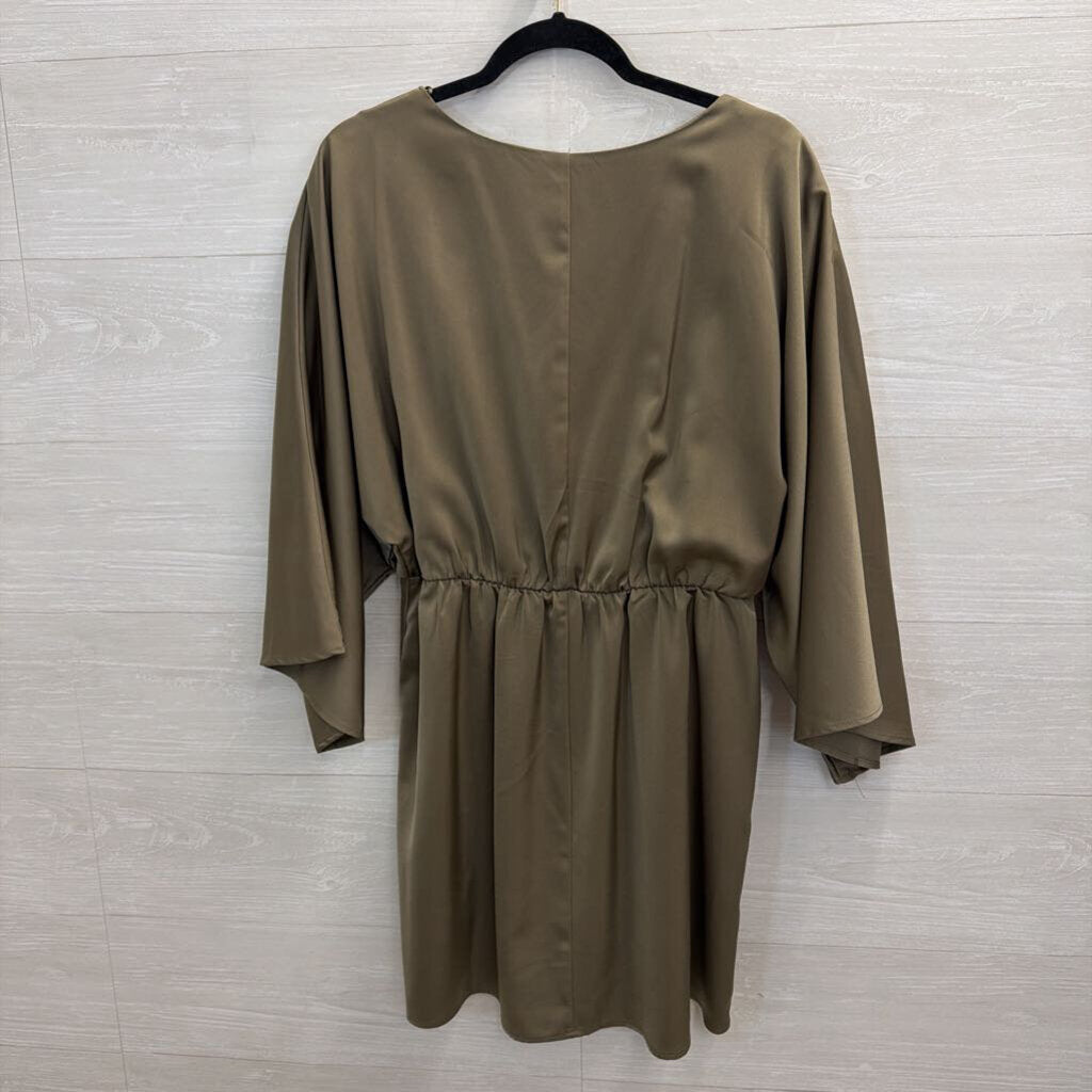 Lena Olive Green Silky Long Sleeve Cut Out Front Dress Large