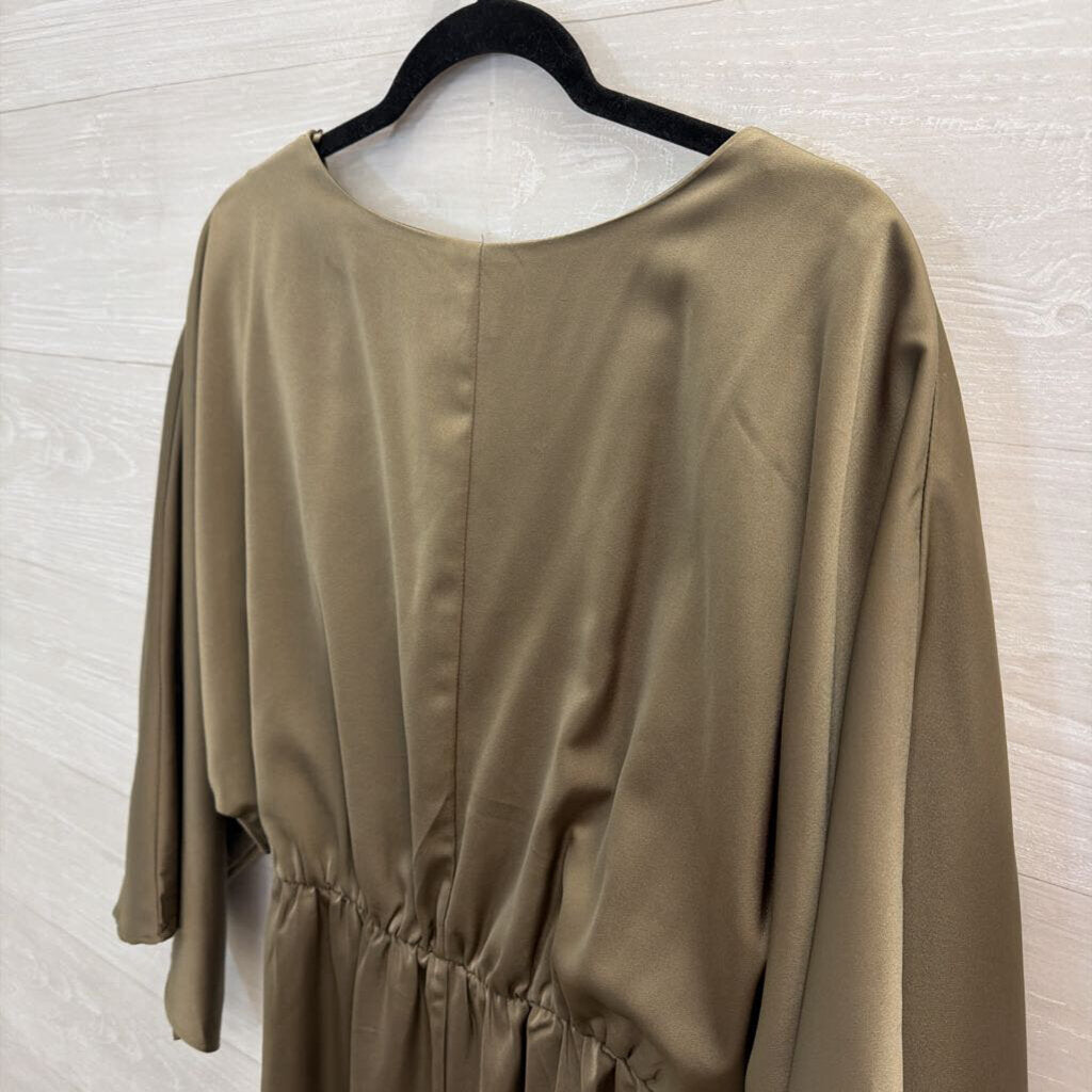 Lena Olive Green Silky Long Sleeve Cut Out Front Dress Large