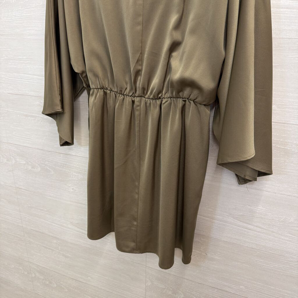 Lena Olive Green Silky Long Sleeve Cut Out Front Dress Large