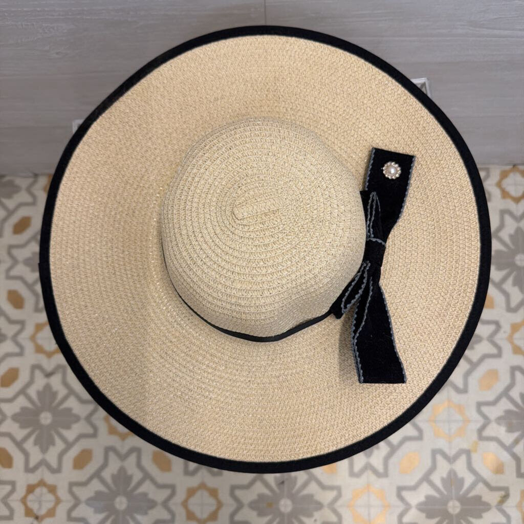 Natural Straw Wide Rim Hat With Black Bow