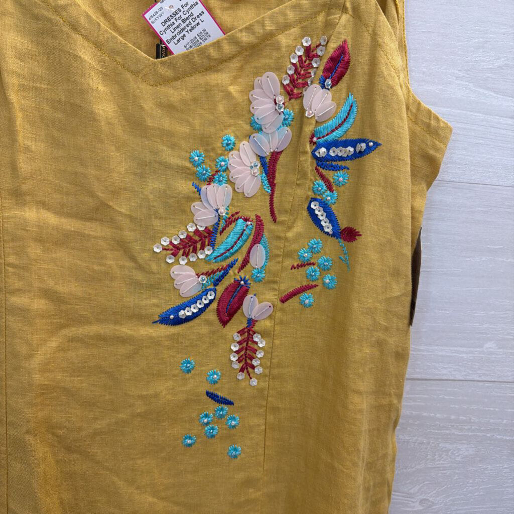 For Cynthia Linen Blend Embroidered Dress Large