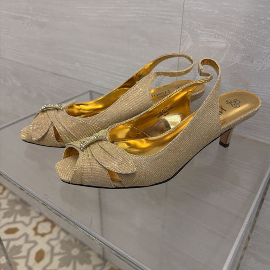 J Renee Gold Shimmer Peep Toe Heels 8.5