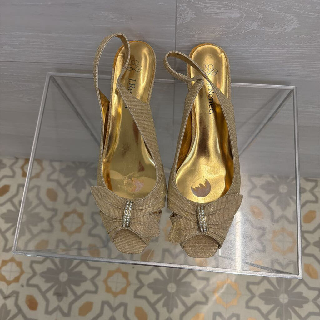 J Renee Gold Shimmer Peep Toe Heels 8.5