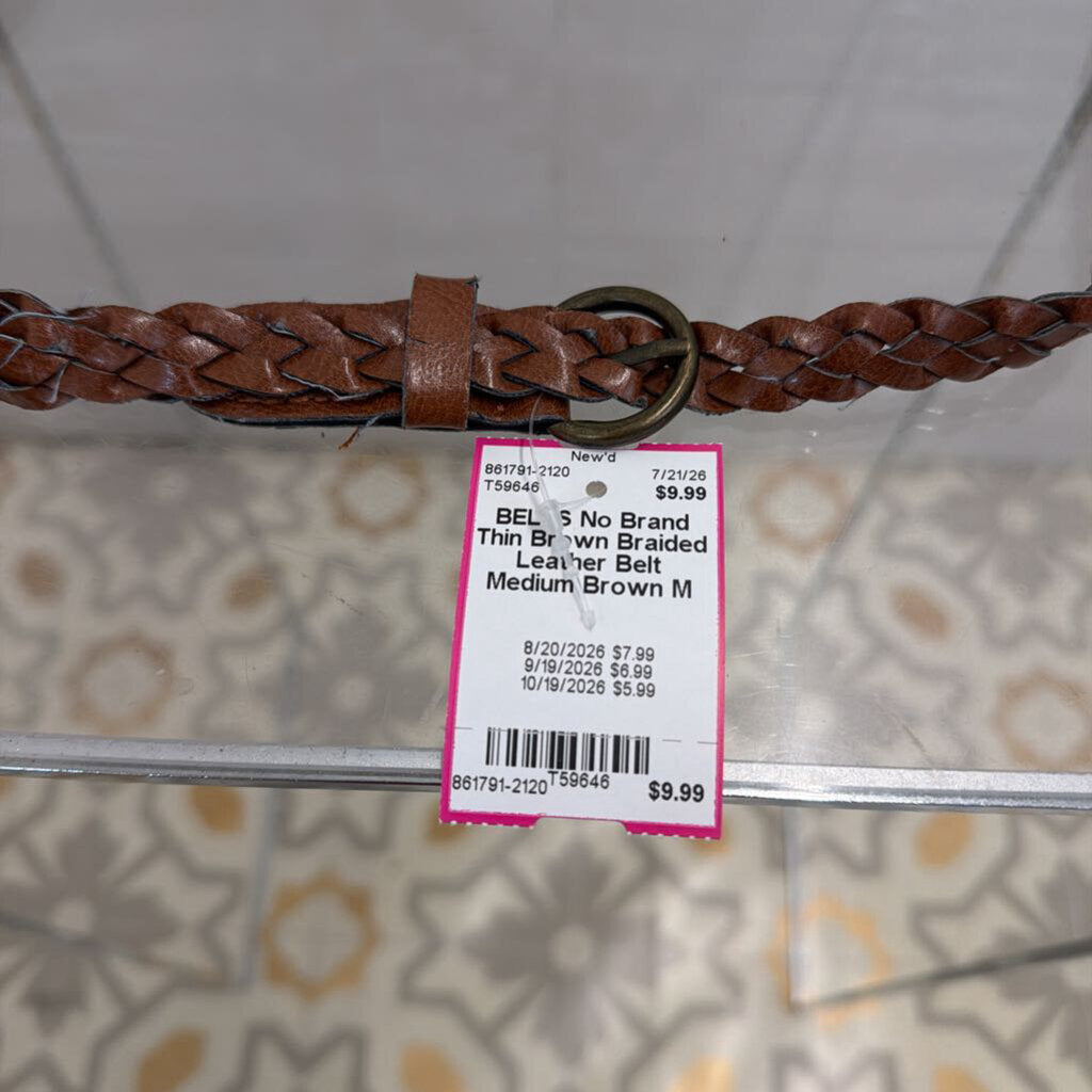 Thin Brown Braided Leather Belt Medium