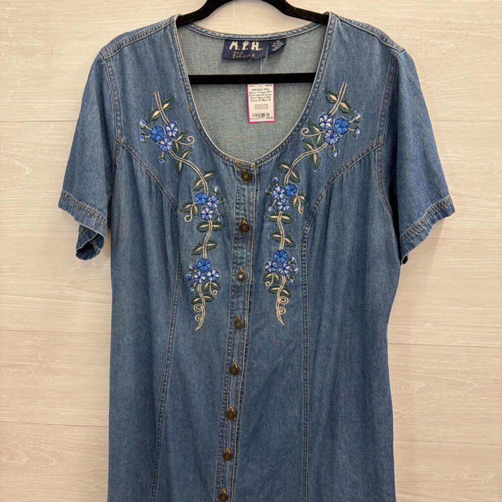 Vintage MPH Embroidered Denim Short Sleeve Midi Dress 2X