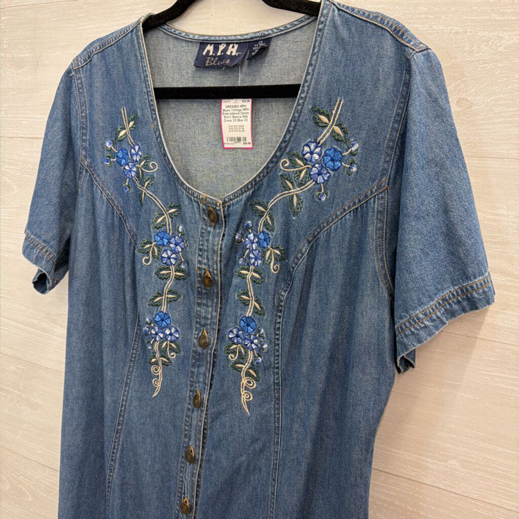 Vintage MPH Embroidered Denim Short Sleeve Midi Dress 2X