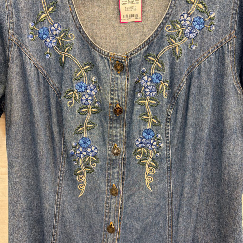 Vintage MPH Embroidered Denim Short Sleeve Midi Dress 2X