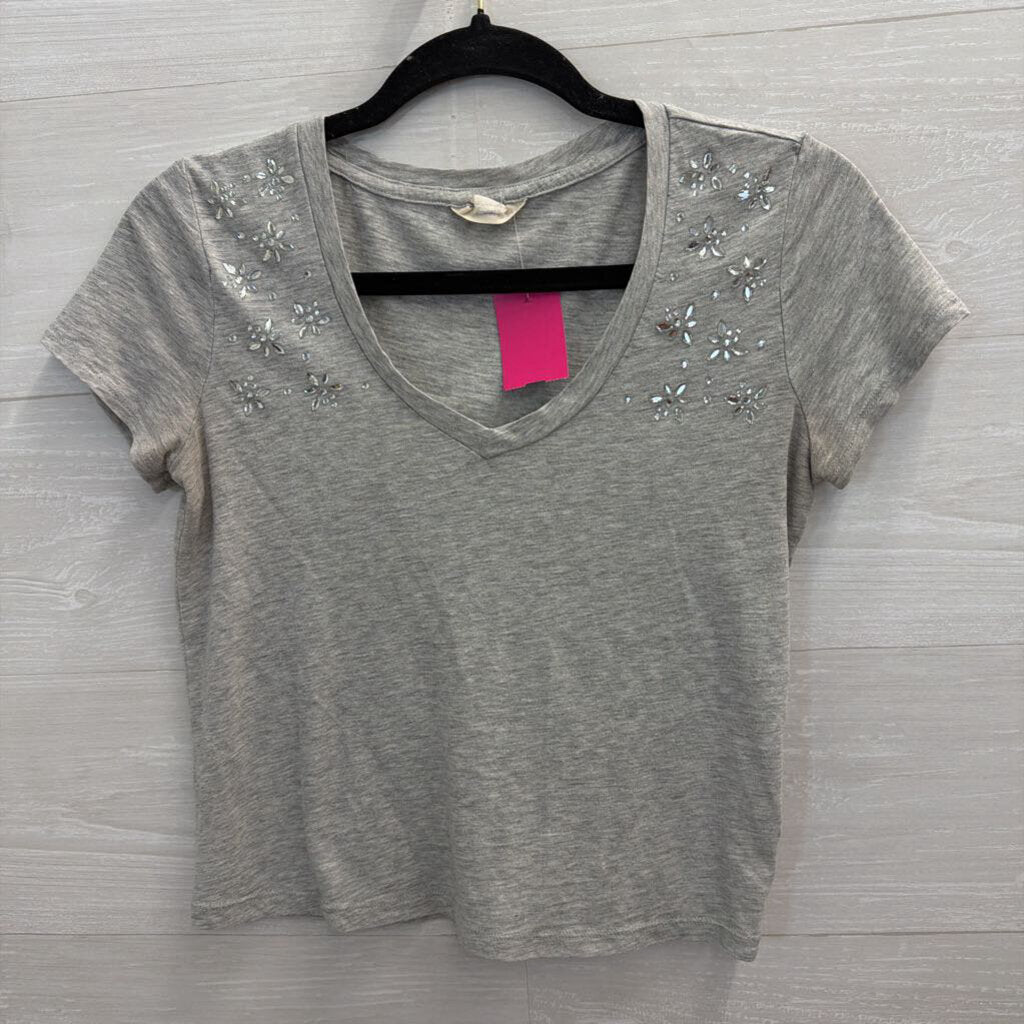 Grey Cropped Embellished Short Sleeve Top Extra Small