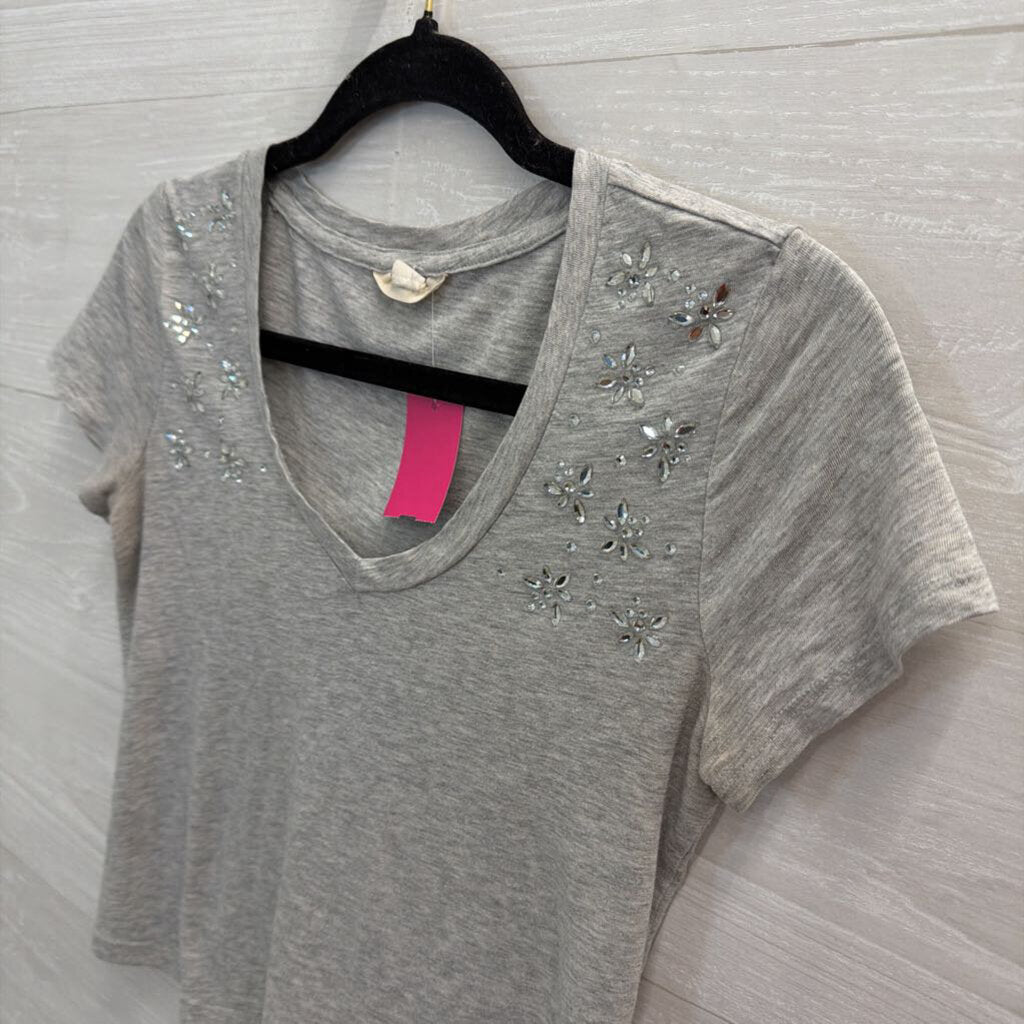 Grey Cropped Embellished Short Sleeve Top Extra Small