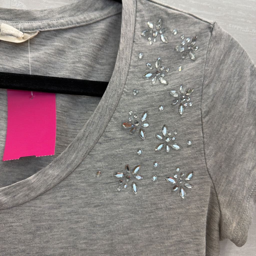 Grey Cropped Embellished Short Sleeve Top Extra Small