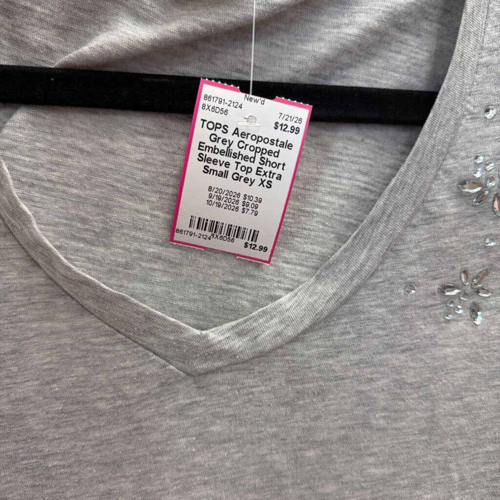 Grey Cropped Embellished Short Sleeve Top Extra Small