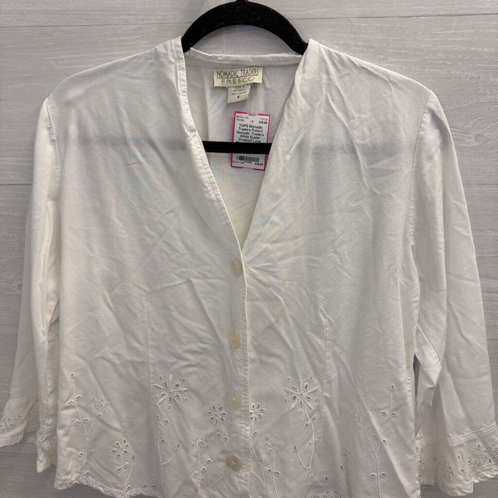Nomadic Traders White Eyelet Cropped Long Sleeve Top Small