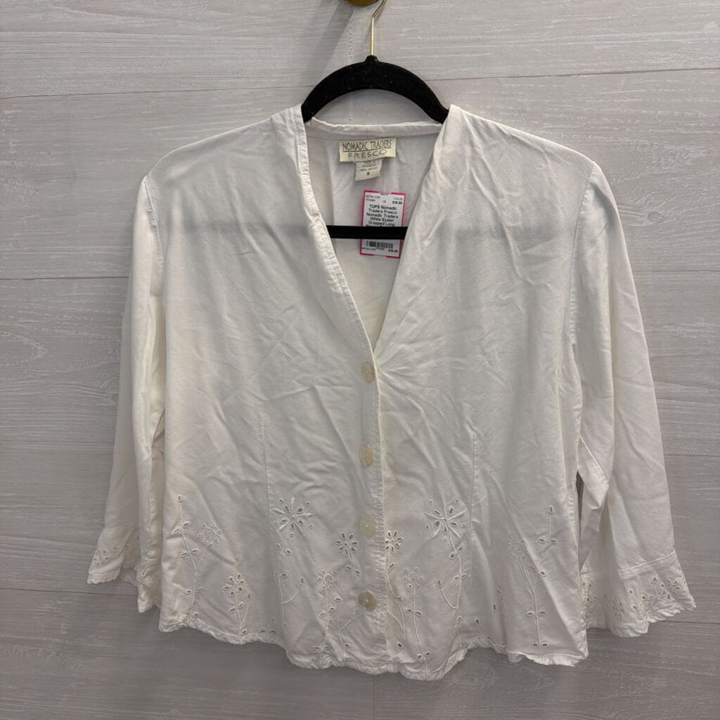 Nomadic Traders White Eyelet Cropped Long Sleeve Top Small