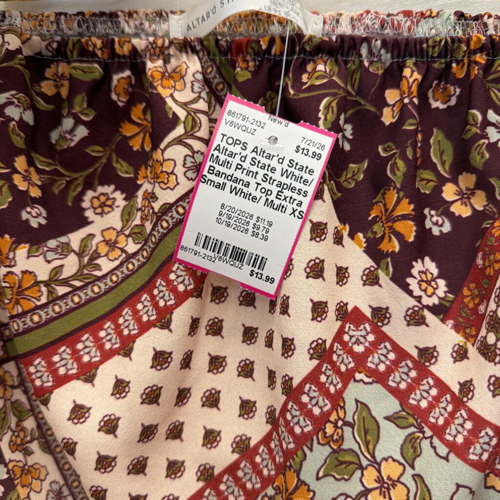Altar'd State White/ Multi Print Strapless Bandana Top Extra Small