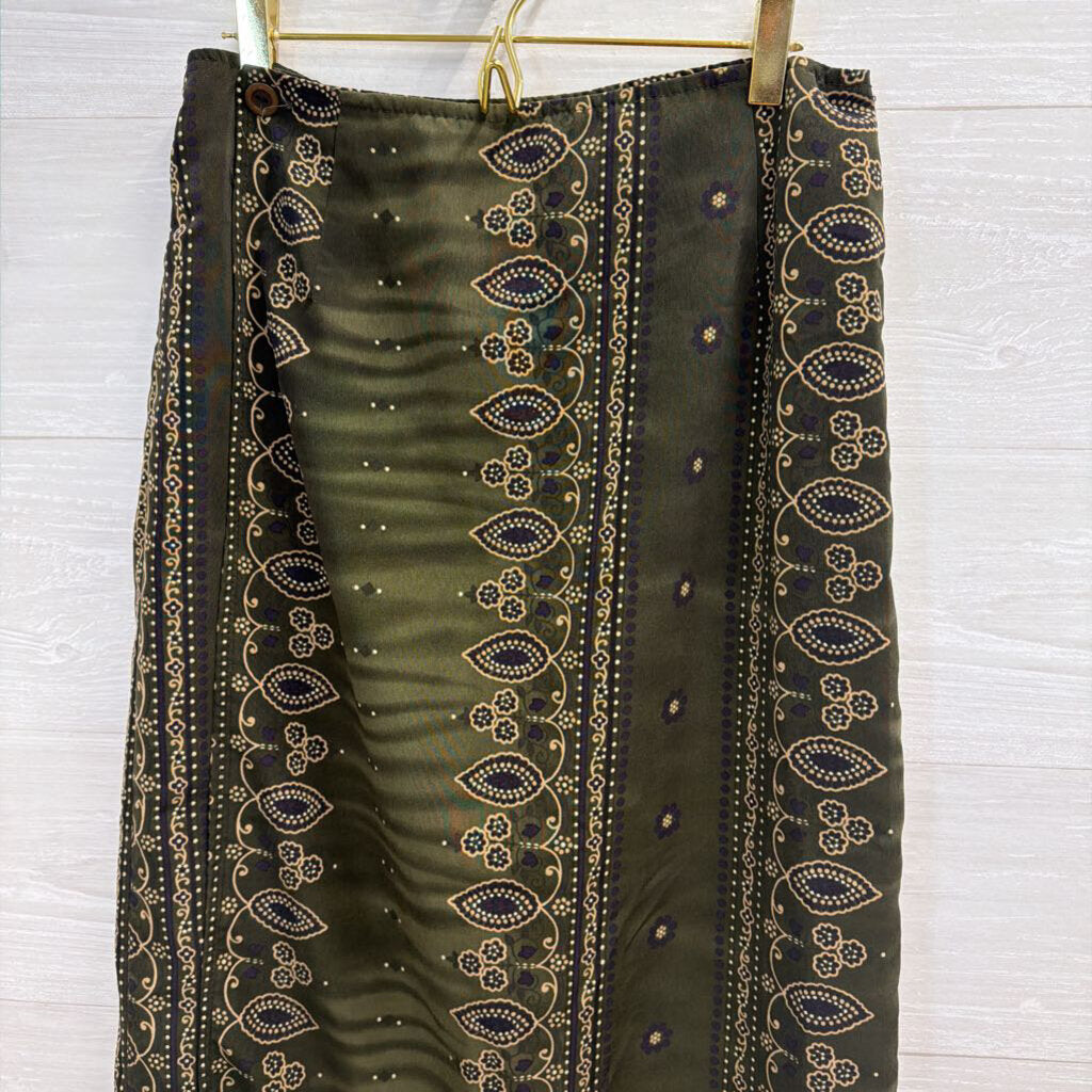 Vintage Studio C Green Print Wrap Maxi Skirt 14