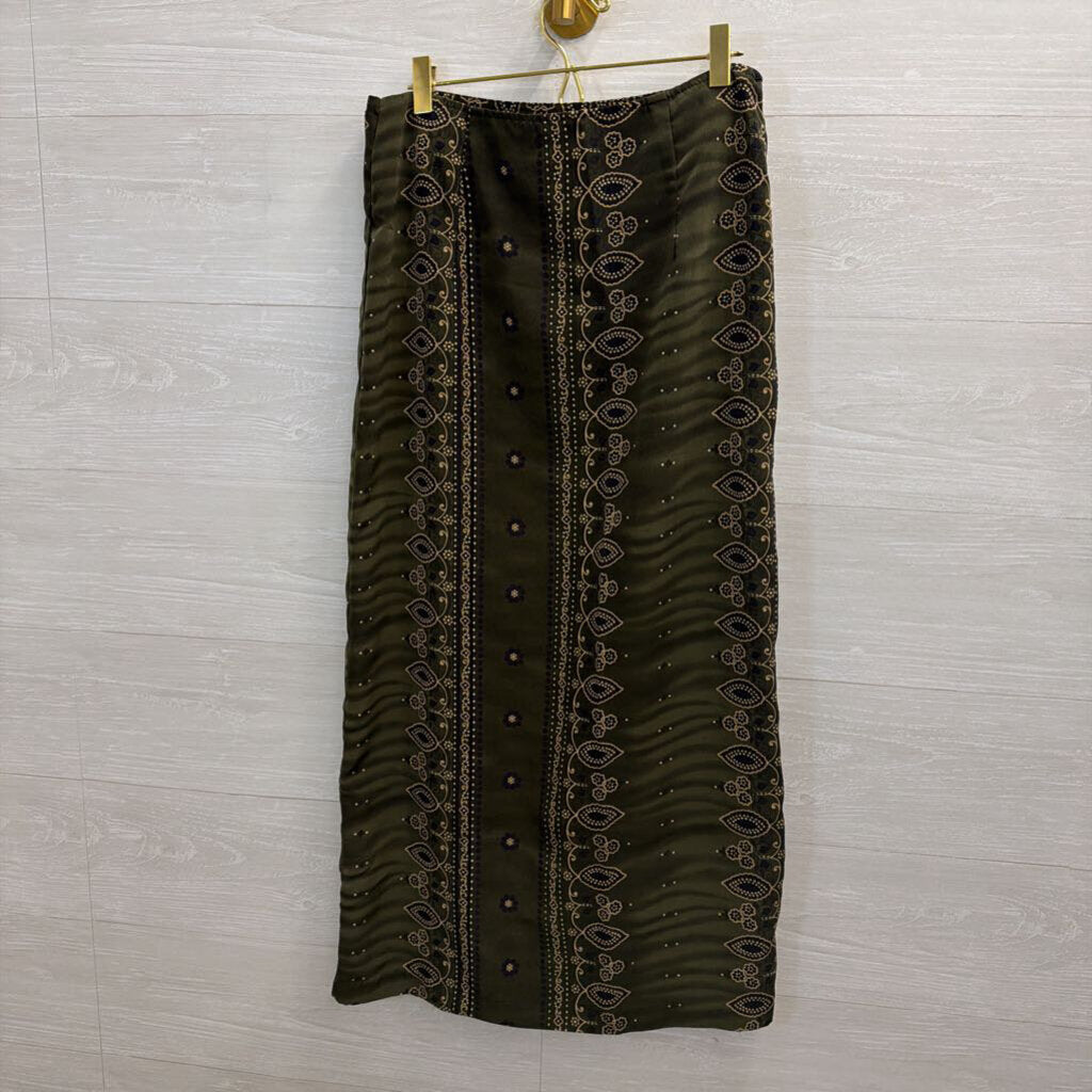 Vintage Studio C Green Print Wrap Maxi Skirt 14