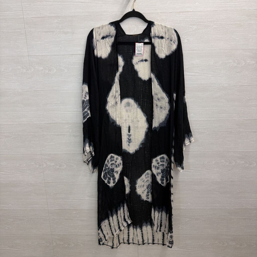 Free People Black/ White Print Long Sleeve Duster Kimono Top One Size