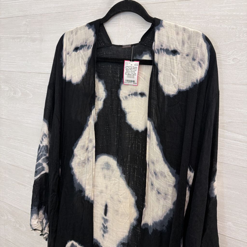 Free People Black/ White Print Long Sleeve Duster Kimono Top One Size
