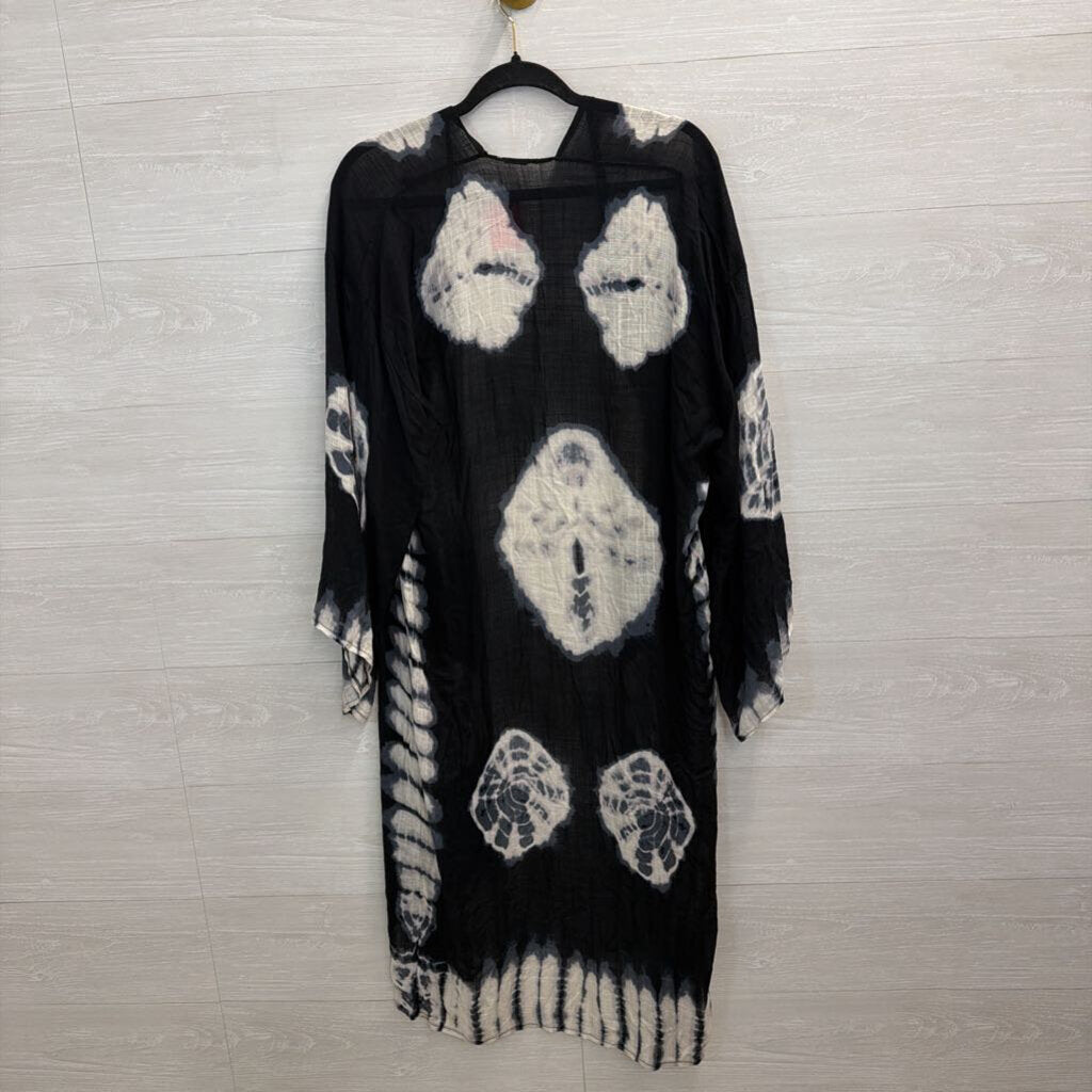 Free People Black/ White Print Long Sleeve Duster Kimono Top One Size