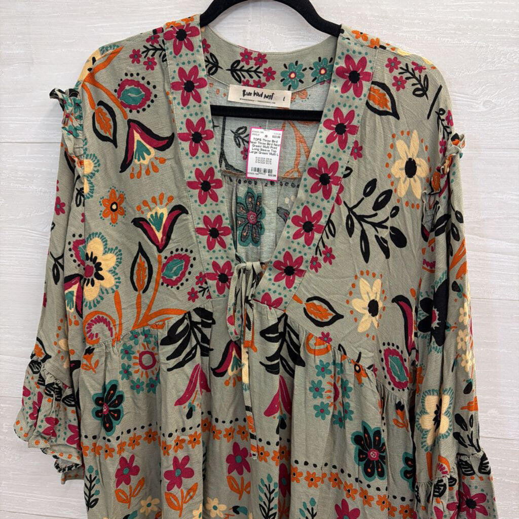 Three Bird Nest Green/ Multi Print Long Sleeve Top Large