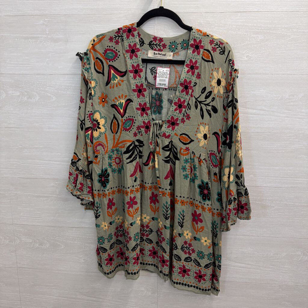 Three Bird Nest Green/ Multi Print Long Sleeve Top Large