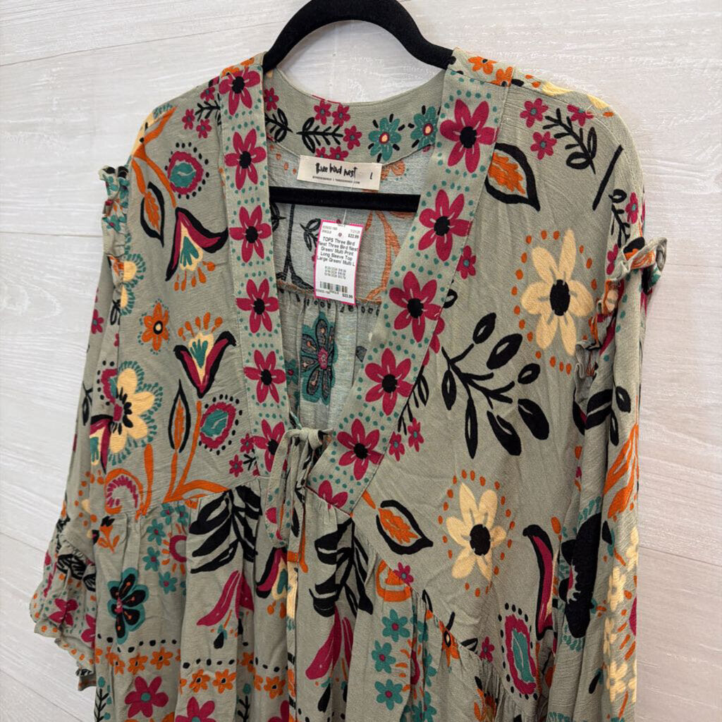 Three Bird Nest Green/ Multi Print Long Sleeve Top Large