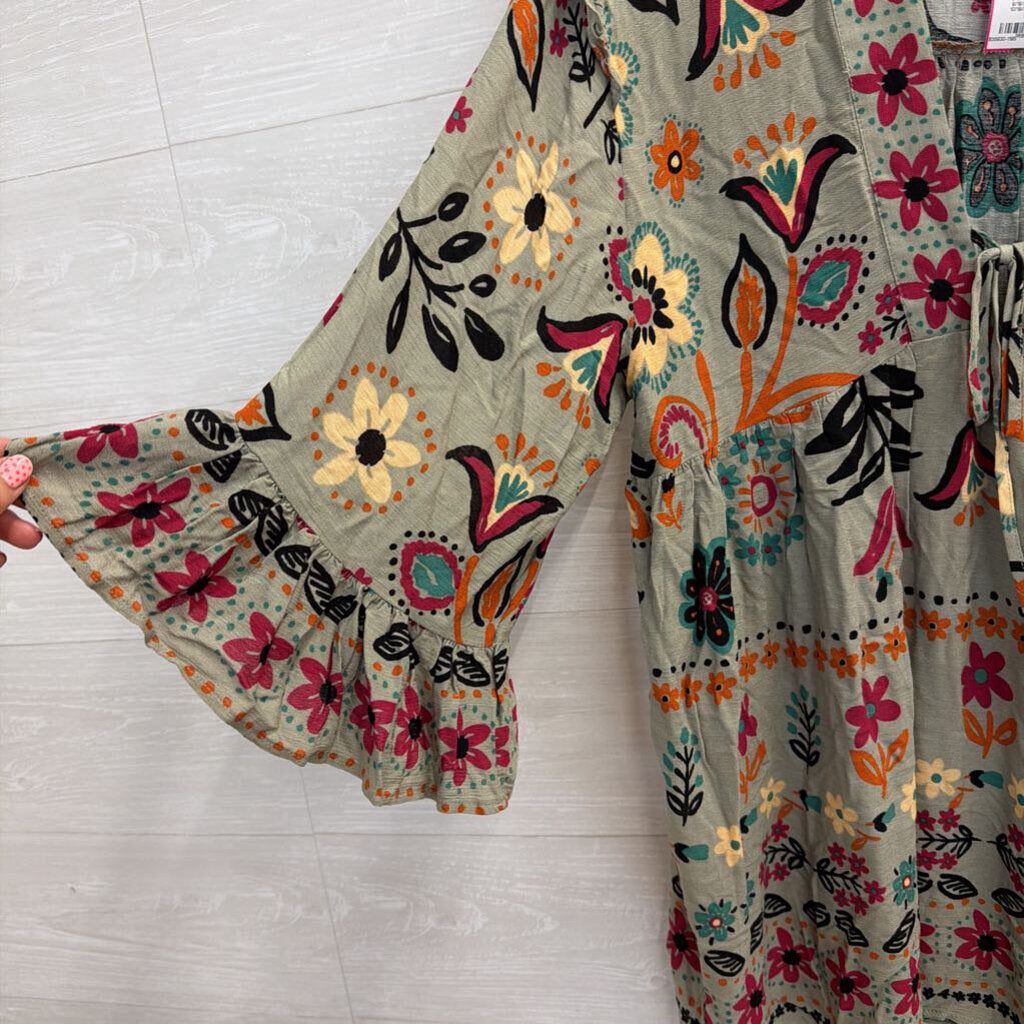 Three Bird Nest Green/ Multi Print Long Sleeve Top Large