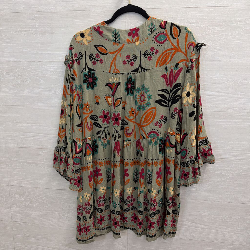 Three Bird Nest Green/ Multi Print Long Sleeve Top Large