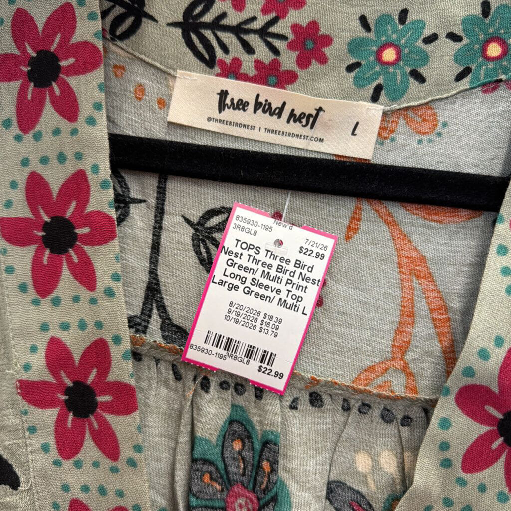 Three Bird Nest Green/ Multi Print Long Sleeve Top Large
