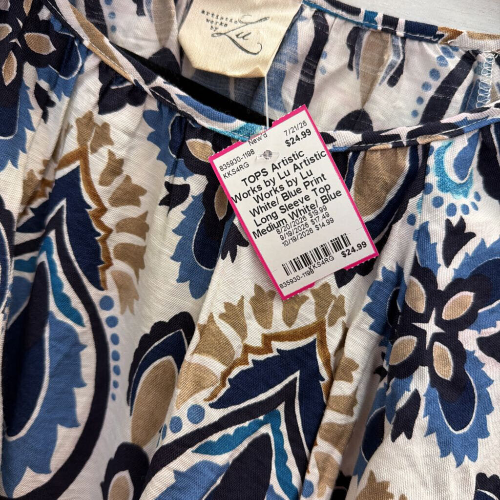Artistic Works by Lu White/ Blue Print Long Sleeve Top Medium