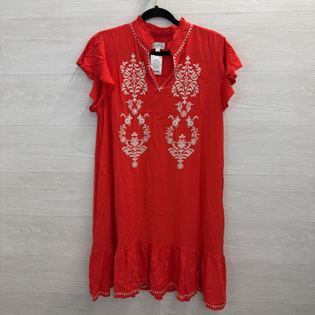 Wonderly Red/ White Embroidered Short Sleeve Dress Large