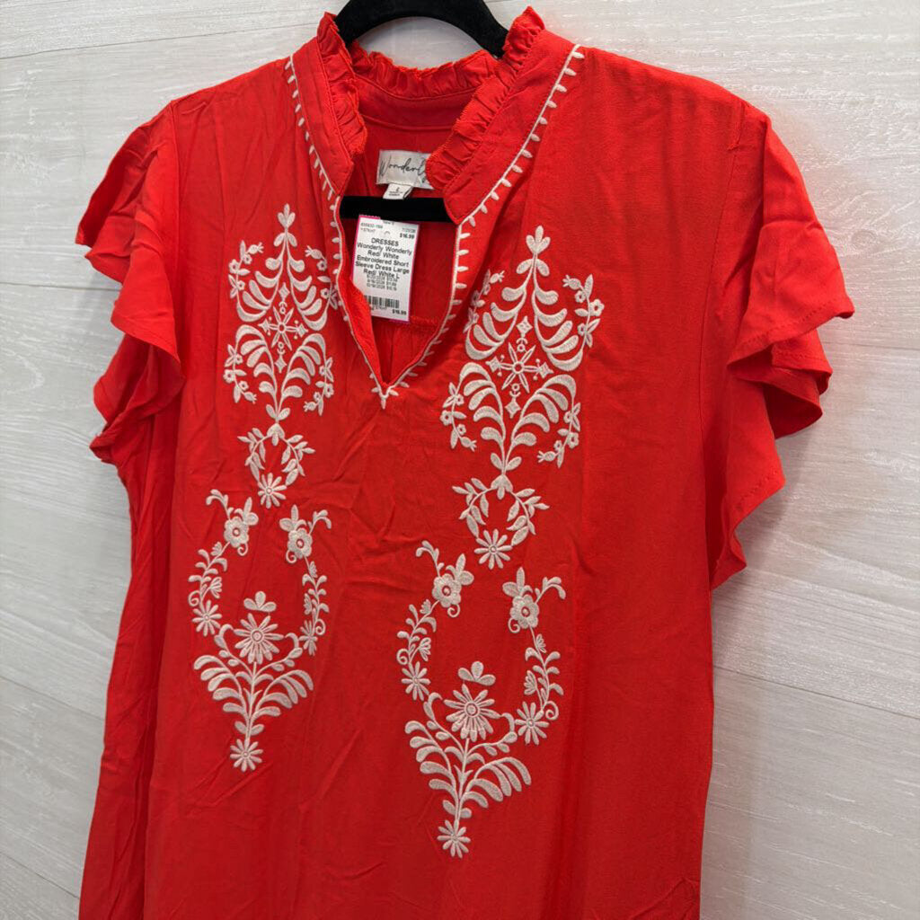 Wonderly Red/ White Embroidered Short Sleeve Dress Large