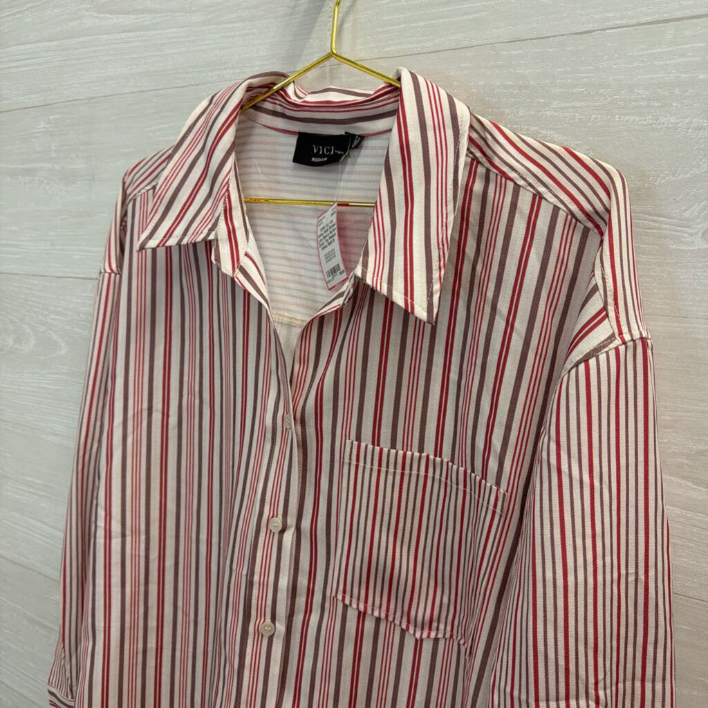 Vici White/ Multi Striped Long Sleeve Button Down Top Medium